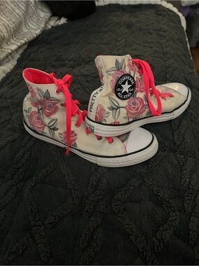 Converse High Top Sneakers in Cream with Pink Rose Print and Hot Pink Laces “